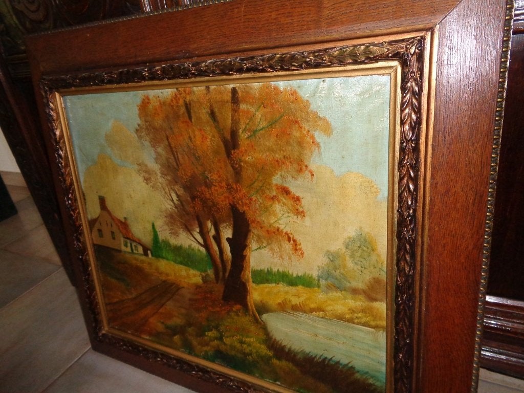 Belle peinture ancienne signée (19e siècle) avec beau cadre., Antiquités & Art, Enlèvement ou Envoi, Cadre spécial, Toile