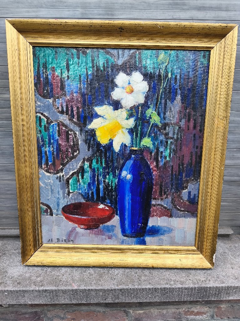 Huile sur toile marouflé fleurs signe clémence Biron, Antiquités & Art, Enlèvement ou Envoi, Fleurs, Toile