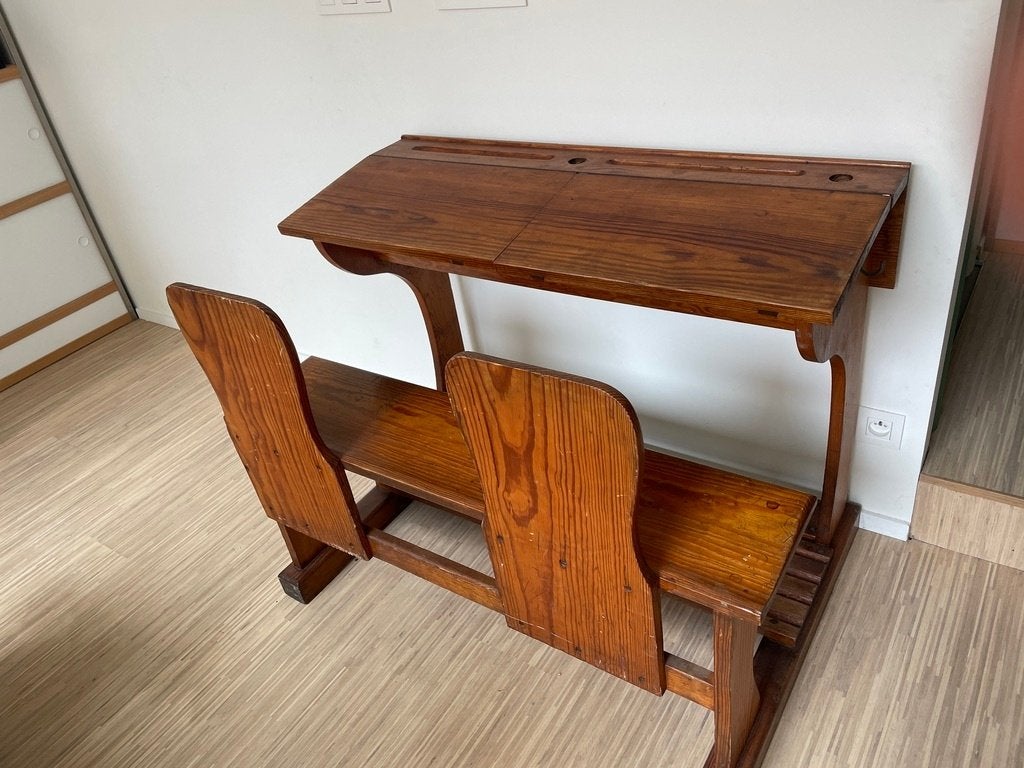Retro Schoolbank, Huis en Inrichting, Bureaus, Gebruikt, Kinderbureau, Vintage, Hout, Opbergruimte, Ophalen
