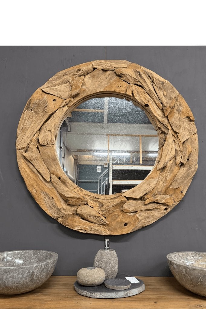 grote ronde spiegel driftwood, Neuf, Enlèvement ou Envoi, Rond, 100 à 150 cm