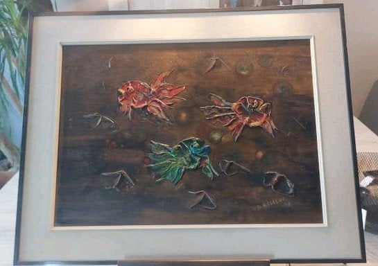 Belle peinture en relief 3D - Dominique Asselot (68x52 cm), Antiquités & Art, Enlèvement ou Envoi, Vintage, Daté, Métal
