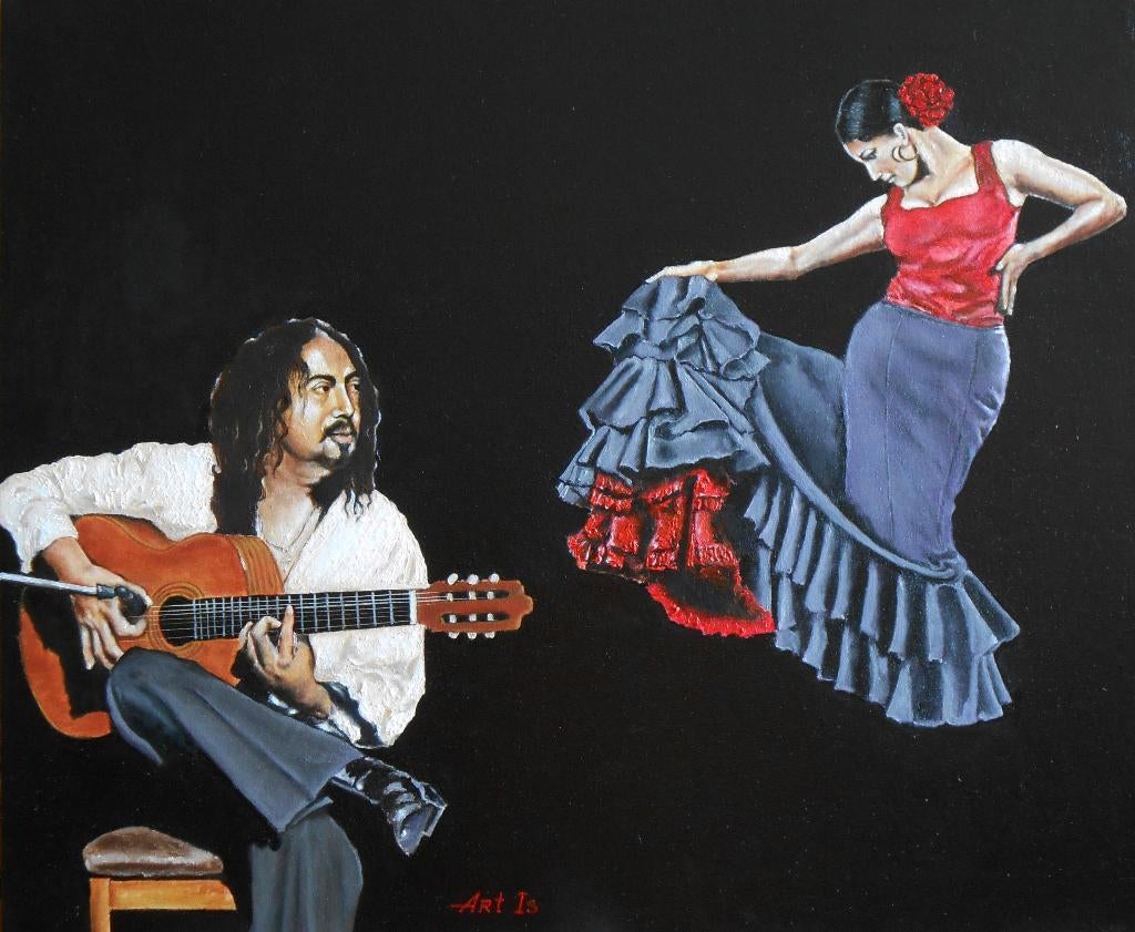 Spaanse gitarist en flamencodanser Schilderij, Verzenden