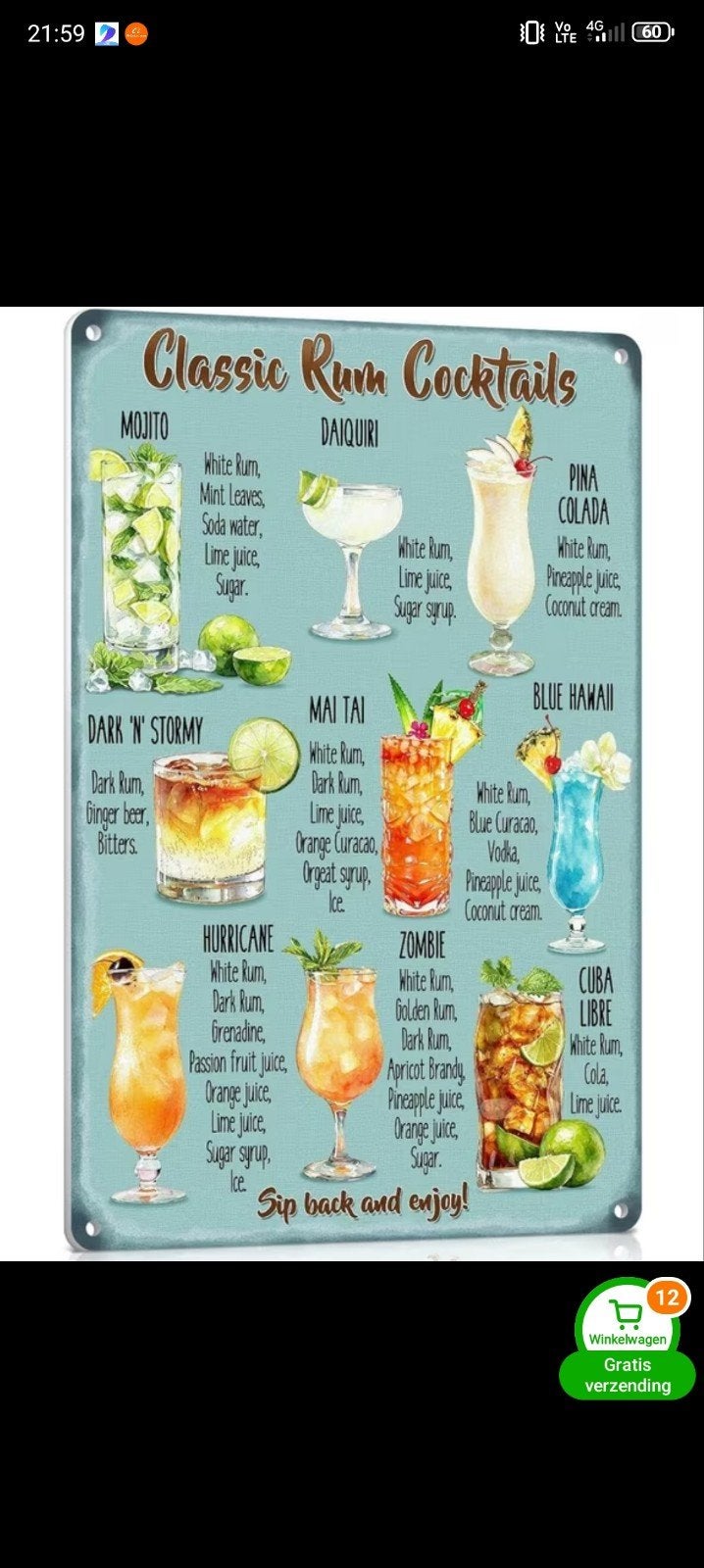 Cocktail Rezept Board., Ophalen of Verzenden