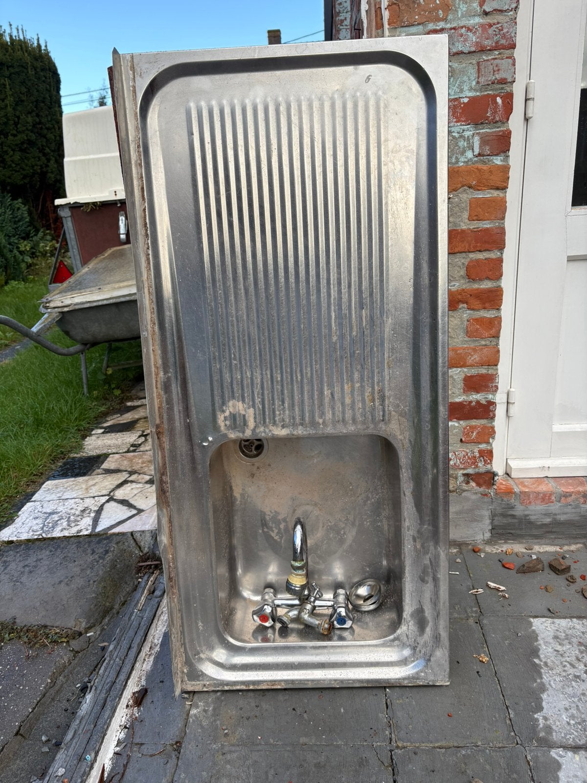 Inox spoelwerkblad met 2 kranen, Bricolage & Construction, Enlèvement, Utilisé, Inox, Lavabo