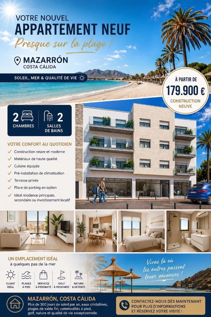 appartement neuf bord de mer a vendre en espagne, Immo, Étranger, Village, 65 m², 2 pièces, Appartement