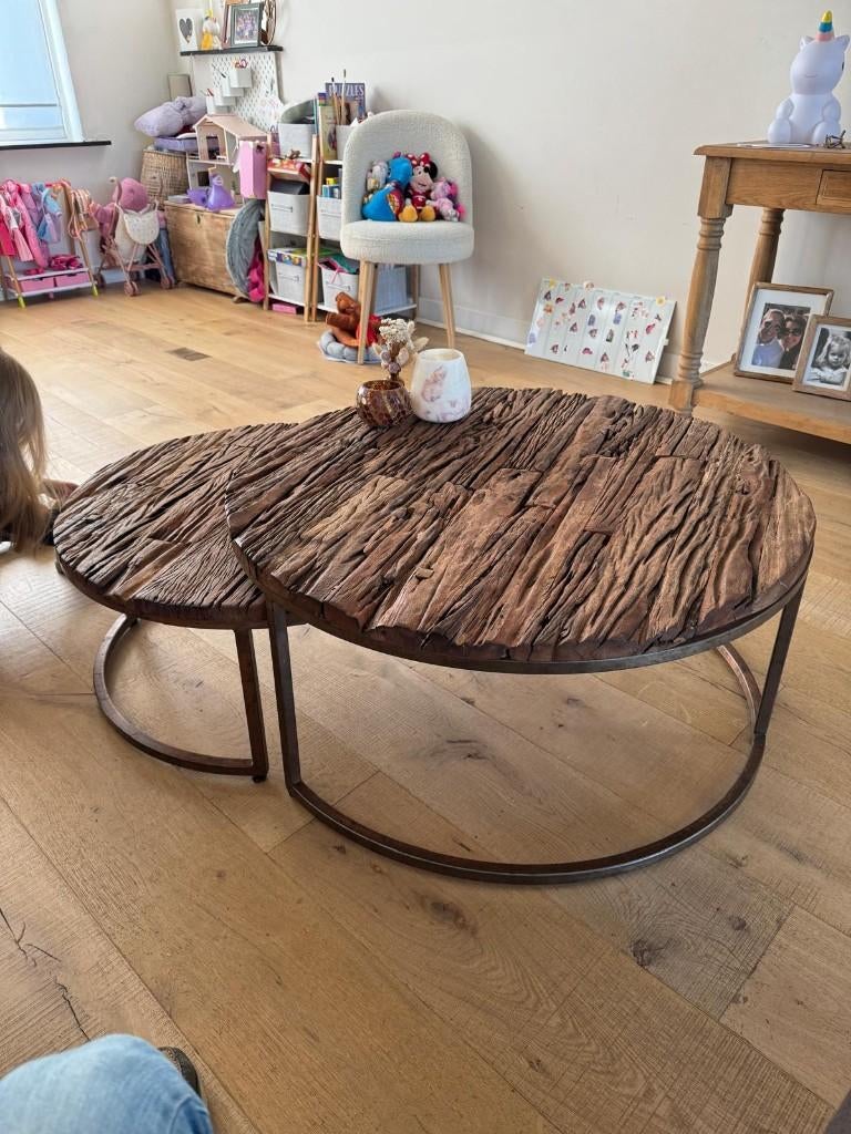 Robuuste salontafel - hout met metalen onderstel, Maison & Meubles, Tables | Tables de salon, Comme neuf, Moins de 50 cm, 50 à 100 cm
