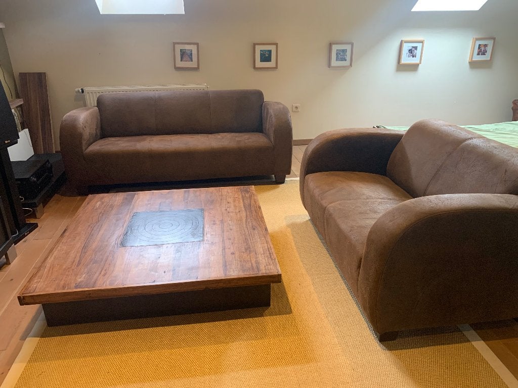 2 donkerbruine zitbanken salon, Ophalen, Gebruikt, Rechte bank, Stof