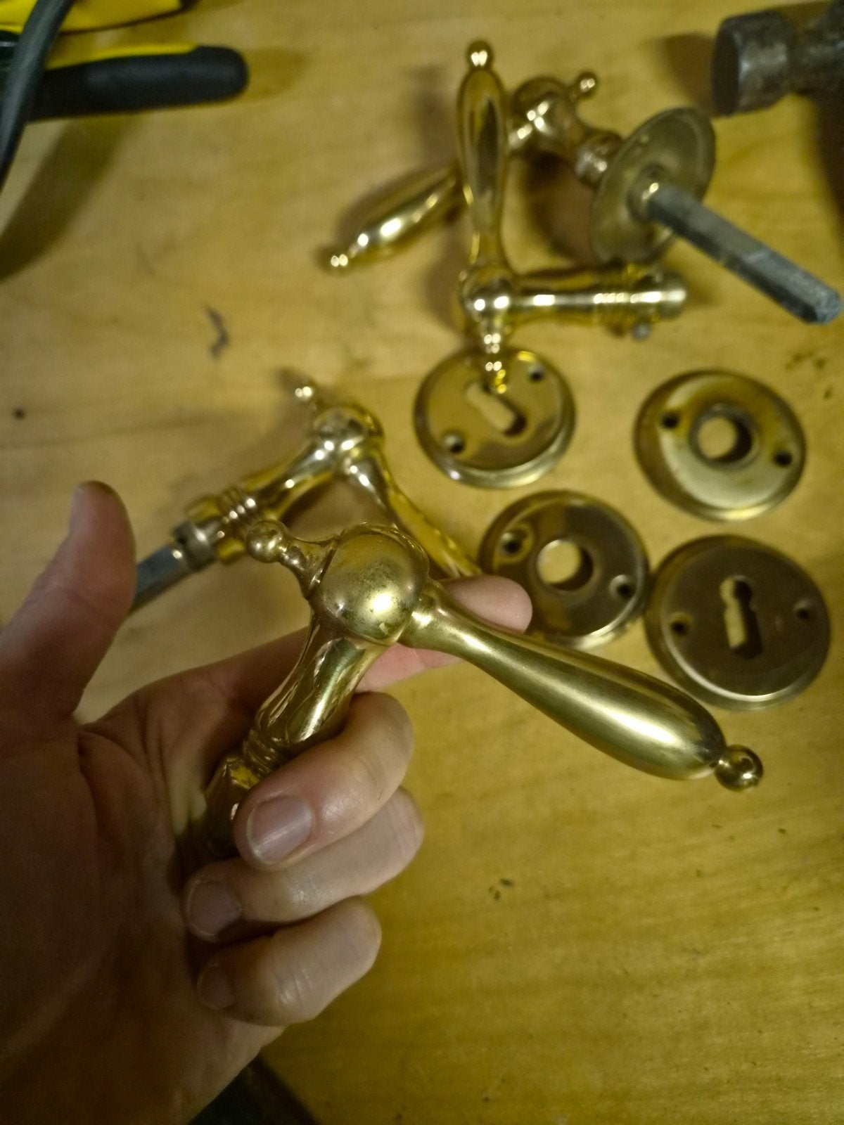6 paires de poignées de porte de style Biedermeier, Enlèvement ou Envoi, Utilisé, Cuivre ou Laiton, Loquet ou Poignée
