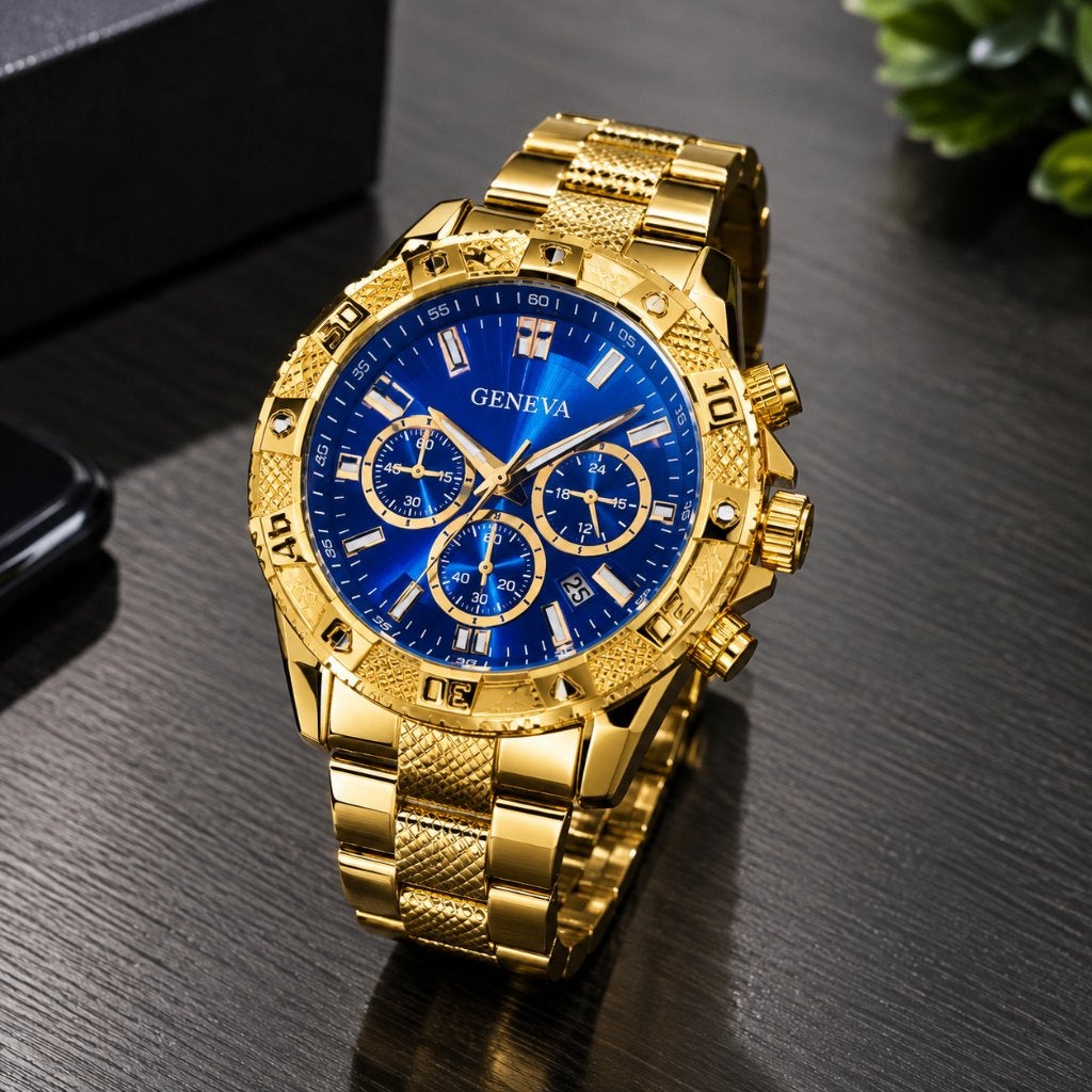 GENEVA Heren Horloge – Goud/Blauw, Bijoux, Sacs & Beauté, Autres marques, Enlèvement, Argent, Acier