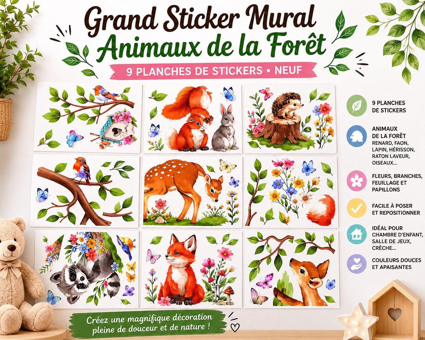 Grand Kit de 9 Planches de Stickers Muraux Animaux de la, Neuf, Autres types