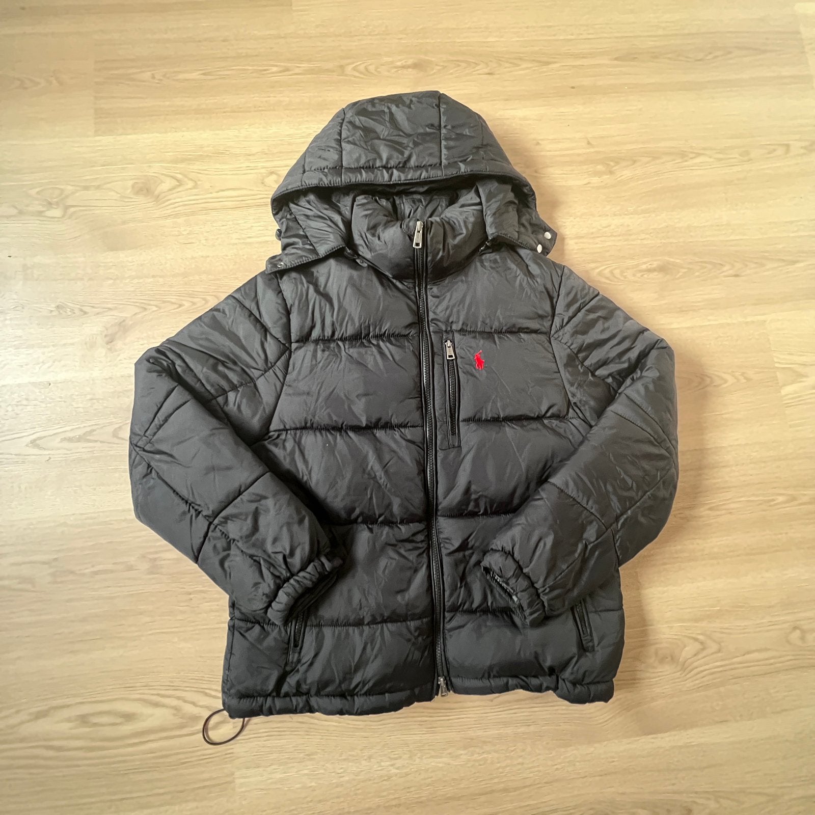 Ralph Lauren zwarte gewatteerde winterjas met capuchon, Ophalen of Verzenden, Zo goed als nieuw, Maat 46 (S) of kleiner, Zwart