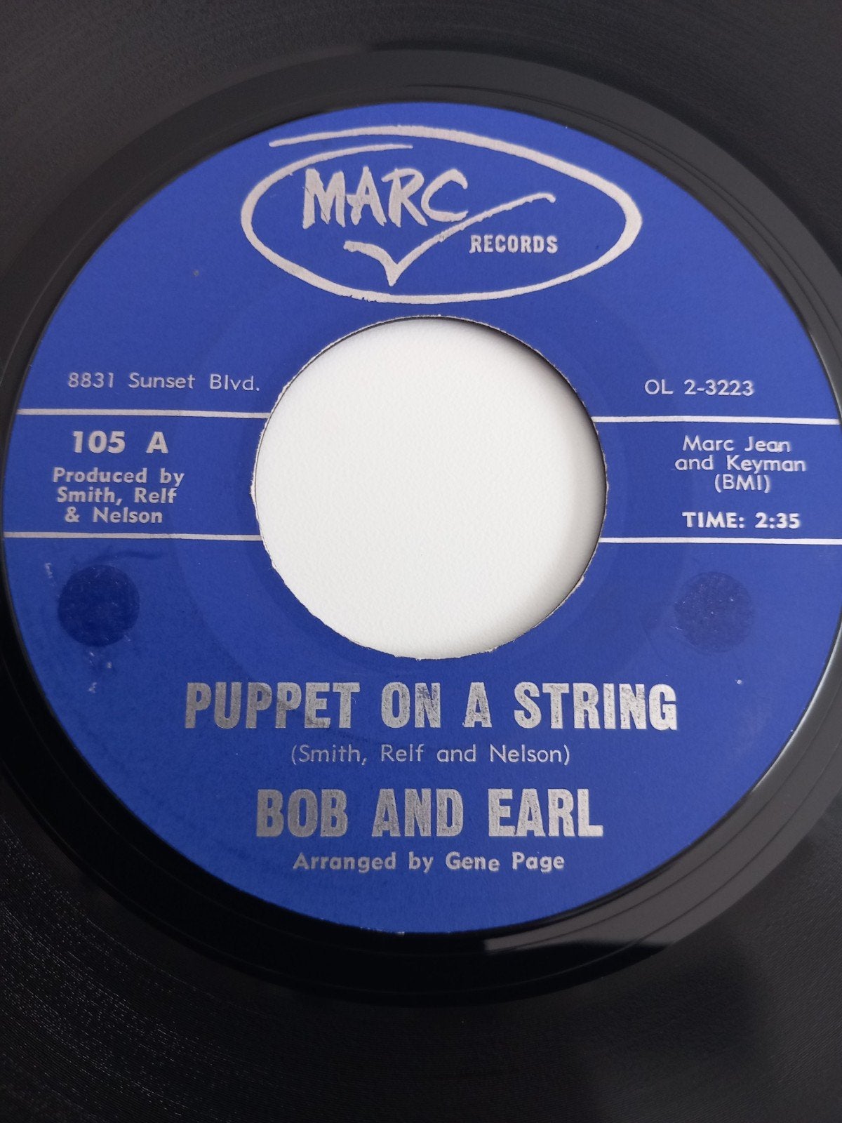 BOB EN EARL. PUPPET ON A STRING. R&B 60S USA 45T, Ophalen of Verzenden