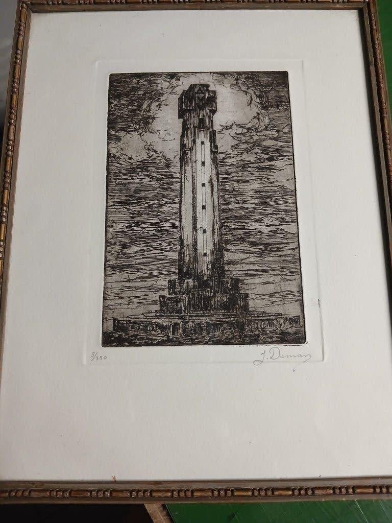 ets Ijzertoren gesigneerd J. Deman, Antiek en Kunst, Kunst | Etsen en Gravures, Ophalen of Verzenden, Ets, Ingelijst