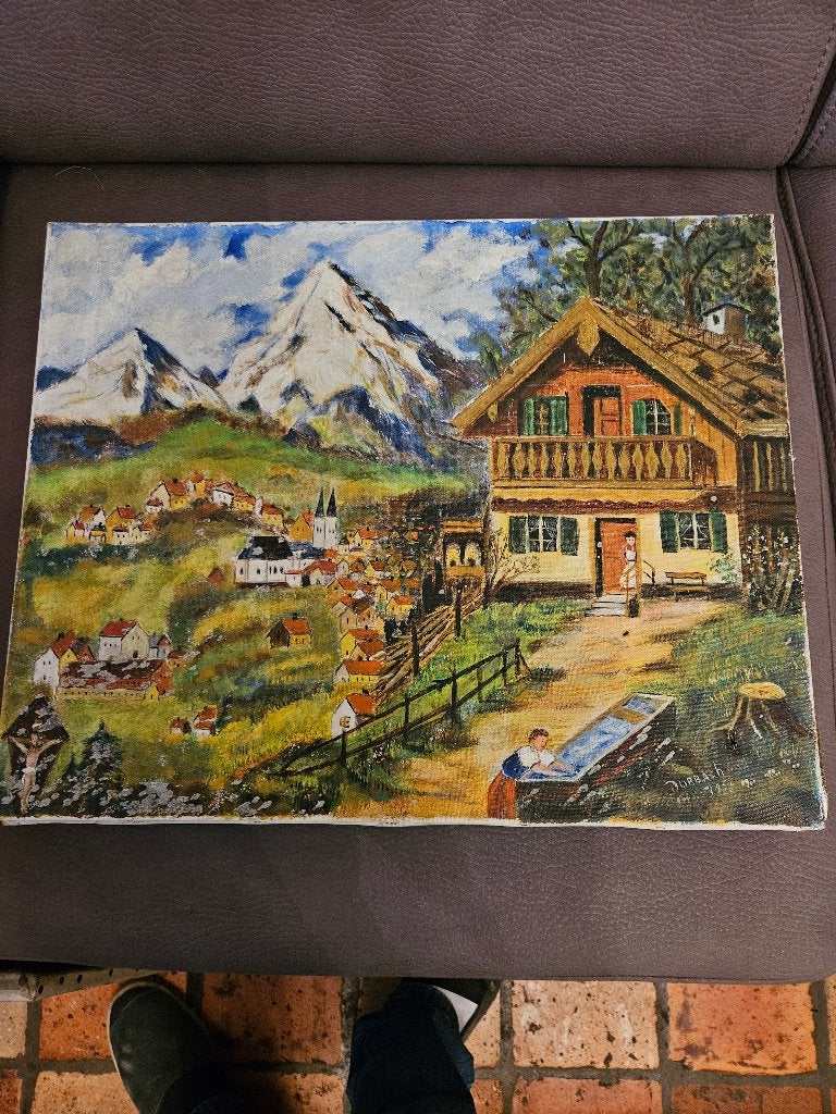 2 tableaux anciens sur toile, Enlèvement, Peint à la main, Paysage, Toile