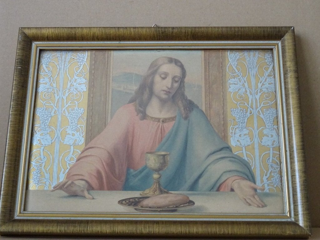Vintage prent Jezus Christus zegent brood en wijn 35x26cm, Verzamelen, Religie, Ophalen of Verzenden, Gebruikt, Overige typen