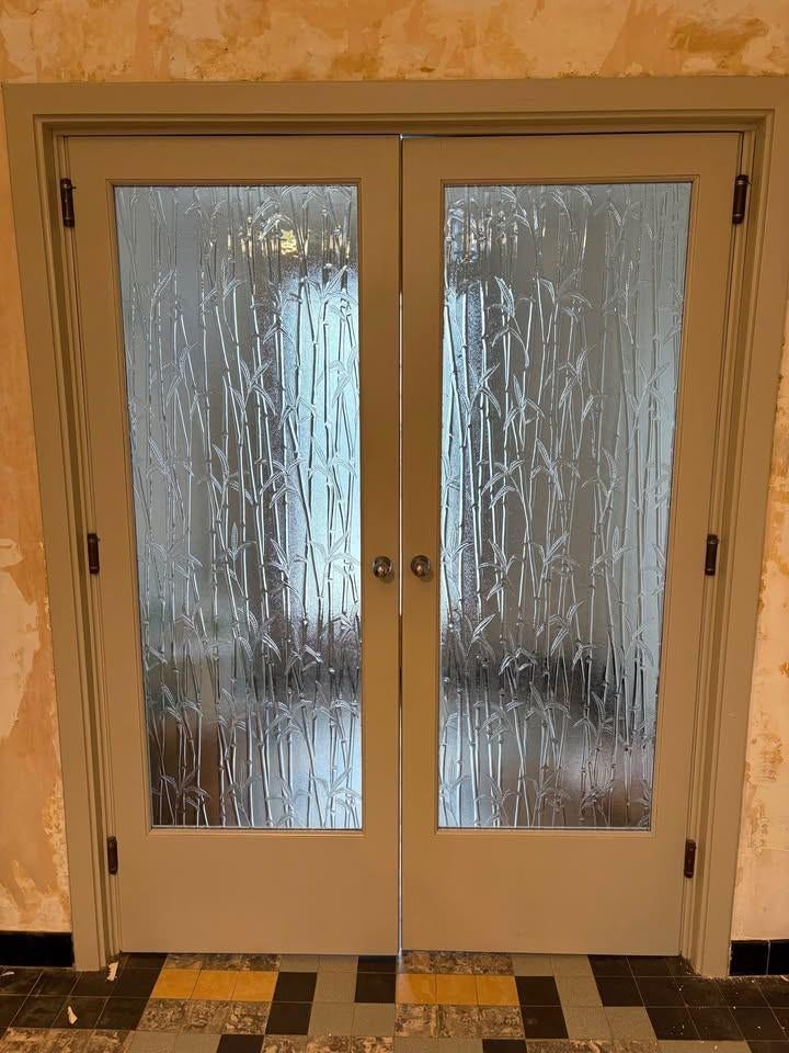 Dubbele klapdeur / pendeldeur met figuurglas, Ophalen, Gebruikt, 120 cm of meer, Binnendeur