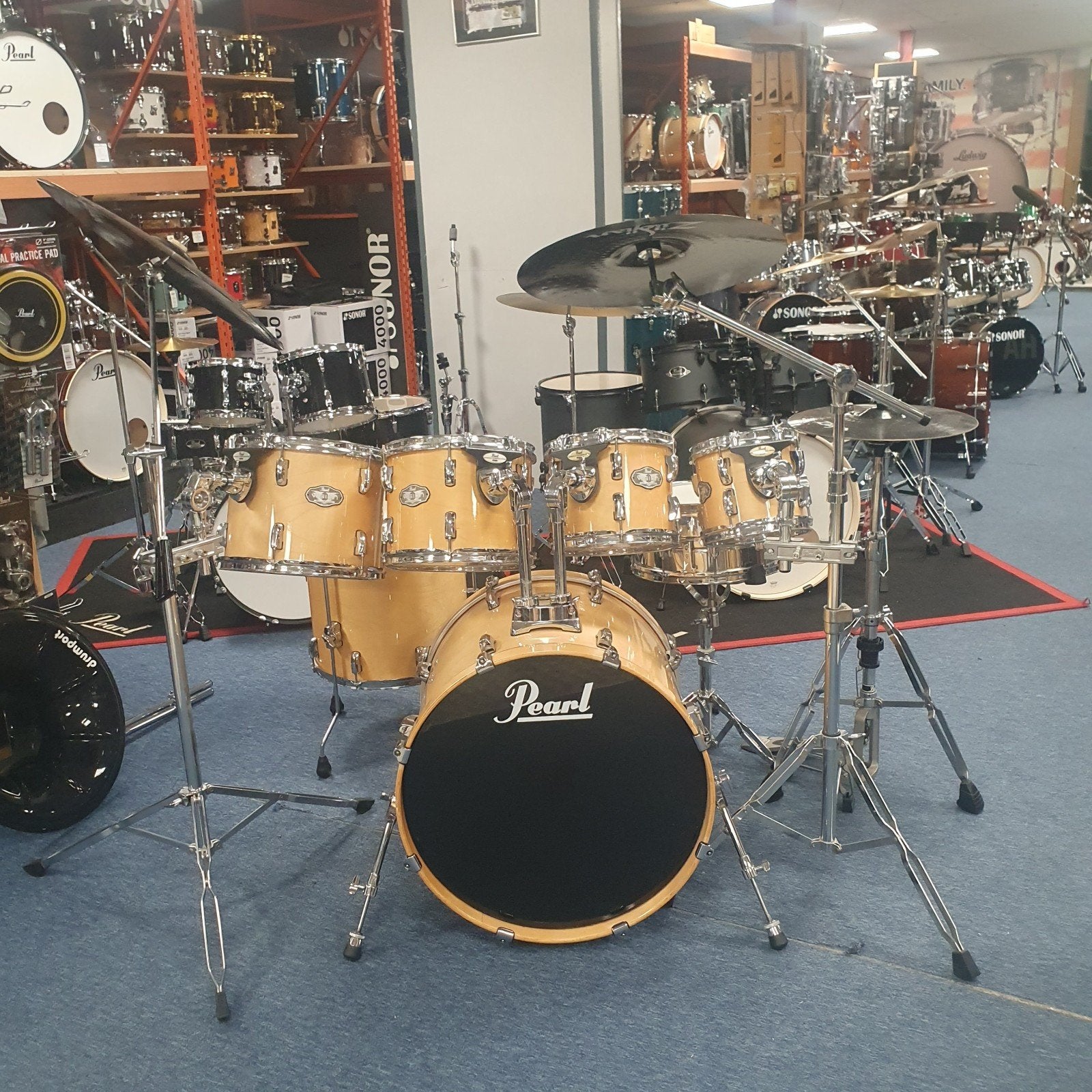 Pearl Vision natural Lacquer 7pcs set-up + stevige hardware, Musique & Instruments, Enlèvement ou Envoi, Utilisé, Pearl