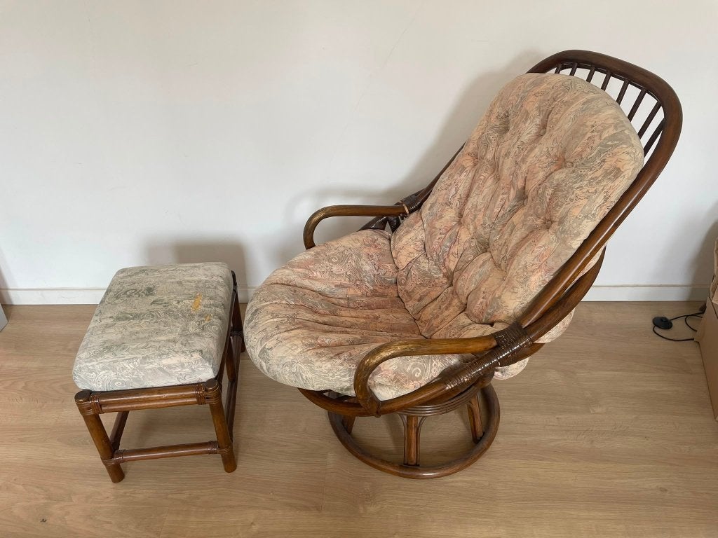 Rattan fauteuil met voetenbank, Ophalen, Gebruikt, Rattan, Stof
