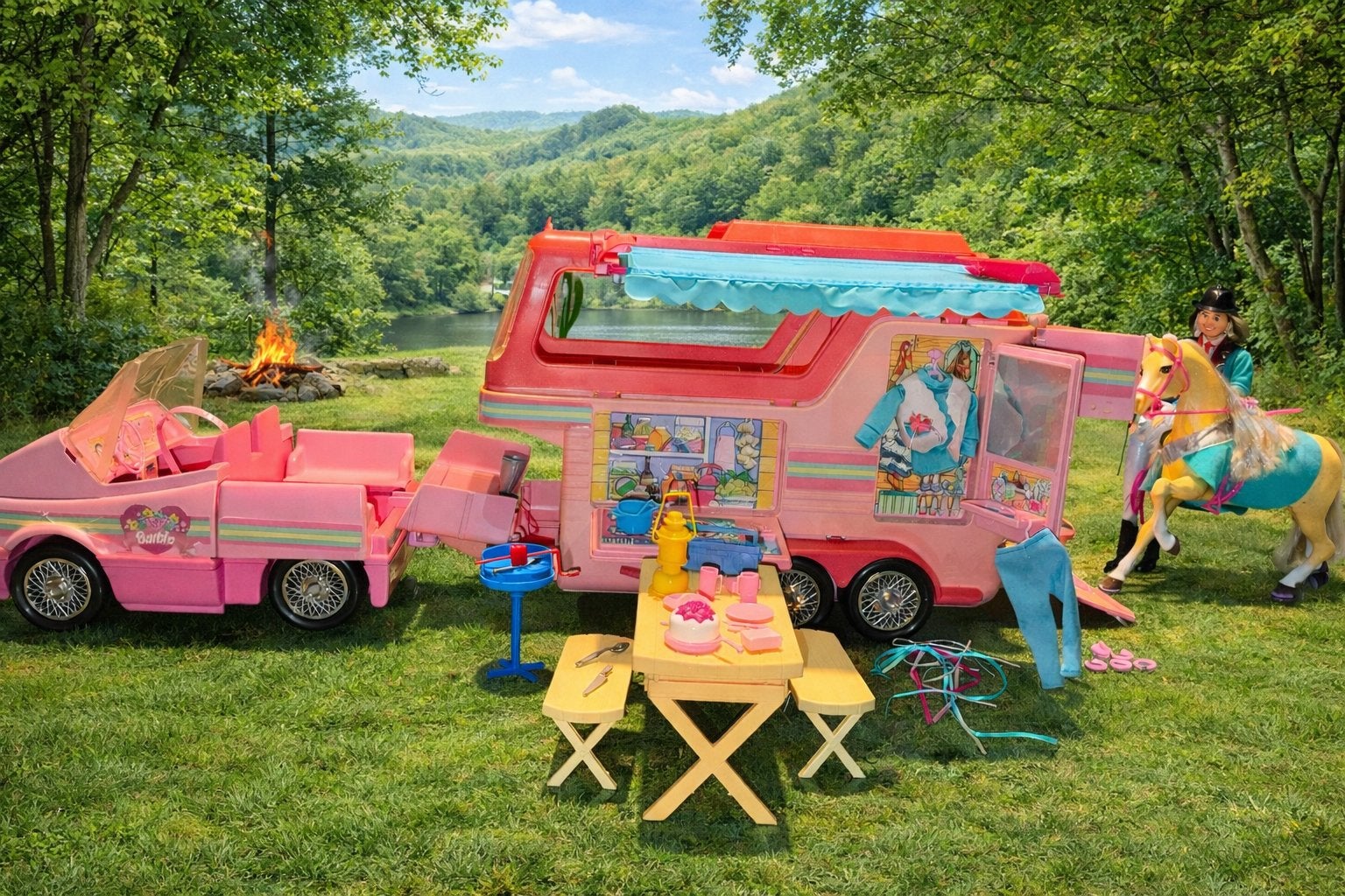 Vintage Barbie Western Fun camper + jeep + paard + pop, Ophalen of Verzenden, Gebruikt, Barbie