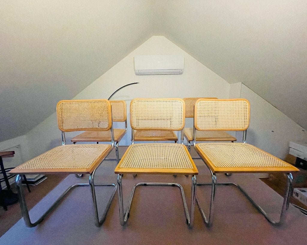 Set van 6 vintage buisframe stoelen met rieten zitting, Ophalen, Gebruikt, Hout, Vijf, Zes of meer stoelen