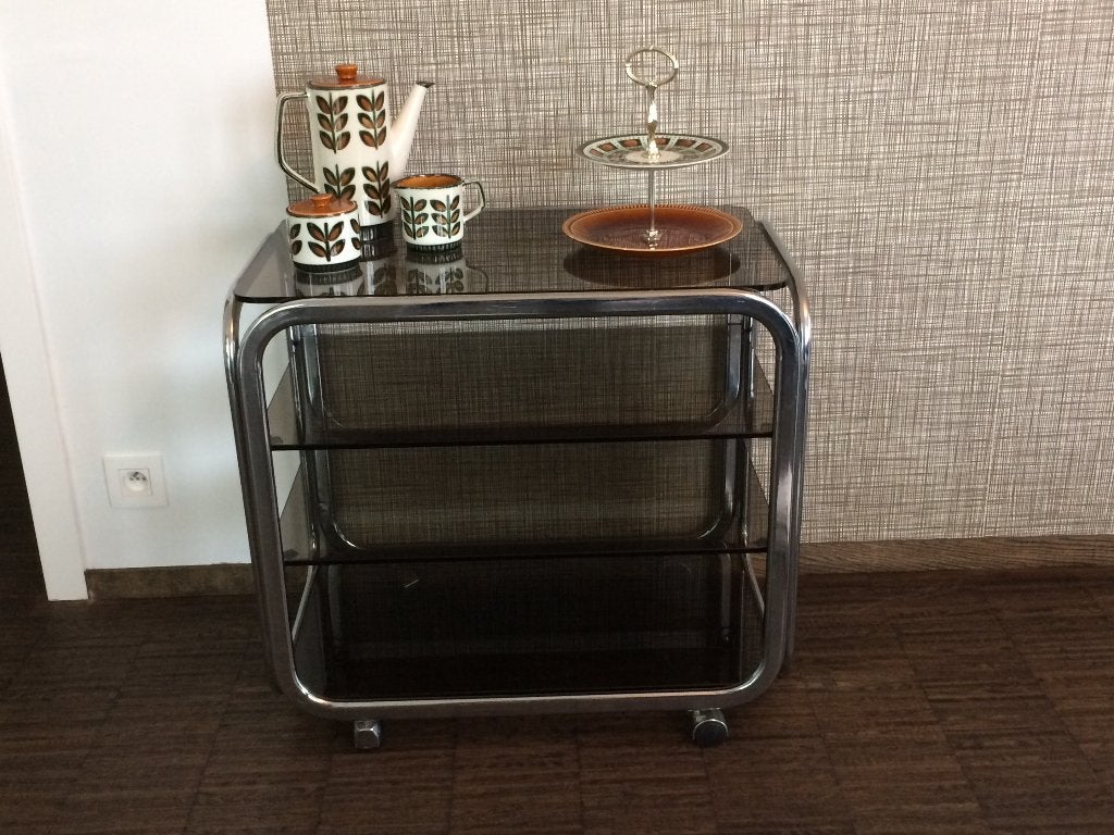 Vintage glazen serveerwagen roltafel op wieltjes, Huis en Inrichting, Tafels | Bijzettafels, Ophalen, Gebruikt, Metaal of Aluminium