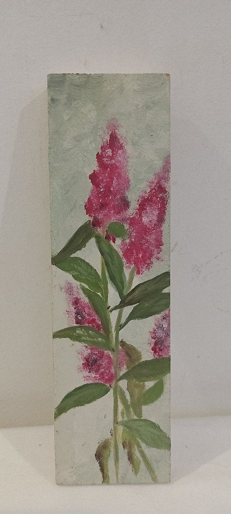 Tableau fleurs roses peinture sur bois 8x27,n671, Antiquités & Art, Enlèvement ou Envoi, Vintage, Fleurs, Panneau