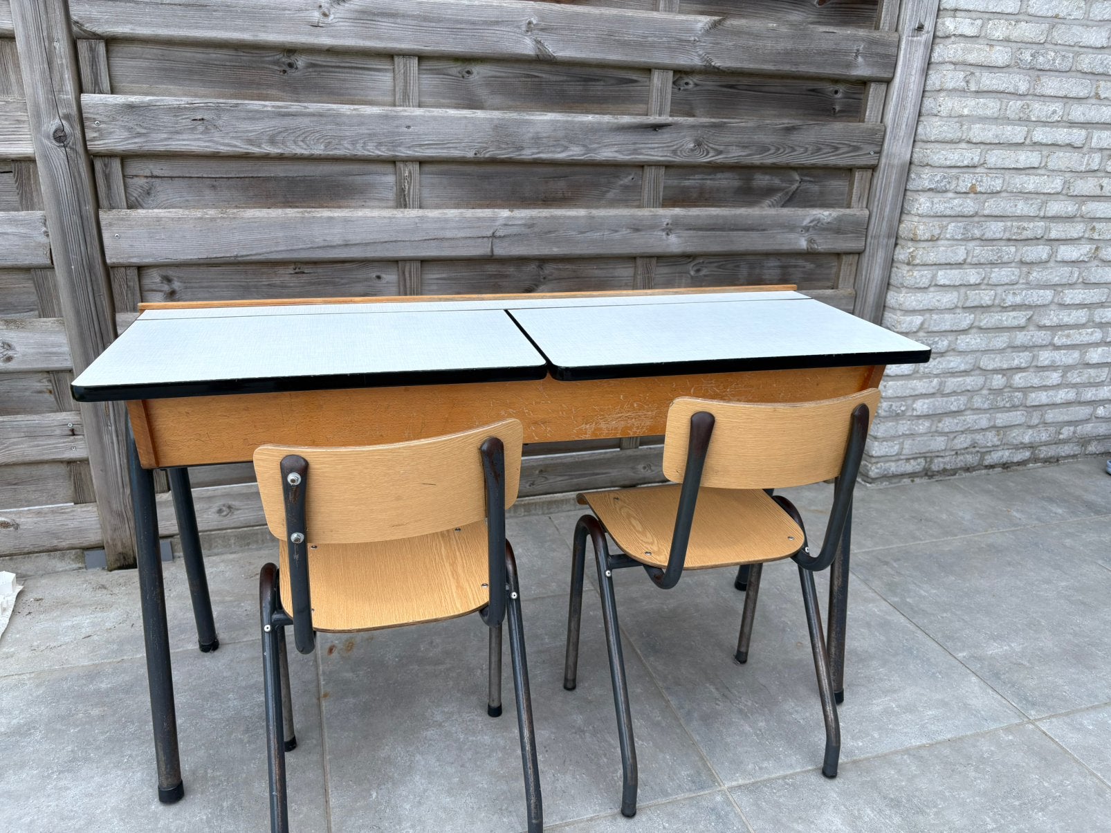 Vintage schoolbank met 2 stoeltjes, Huis en Inrichting, Vintage, Ophalen
