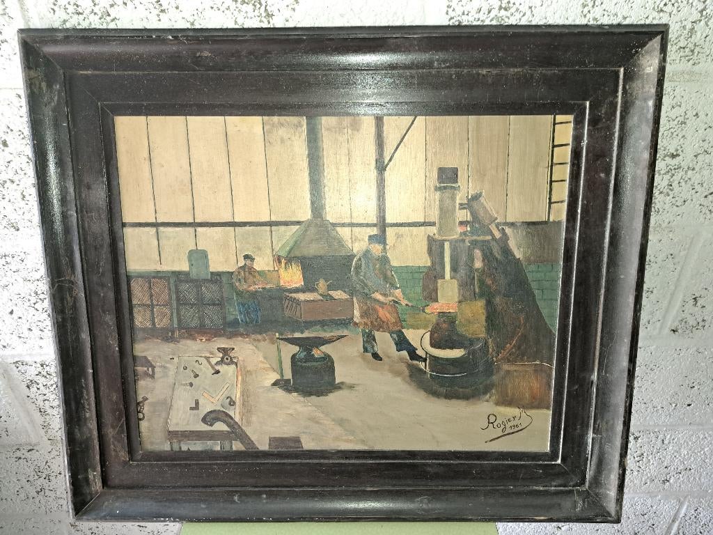 huile sur panneau forgeron signe Rogier M 1961, Antiquités & Art, Enlèvement ou Envoi