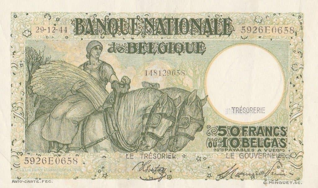Belgisch bankbiljet van 50 frank en 10 Belgas uit 1944 unc, Ophalen of Verzenden, Los biljet