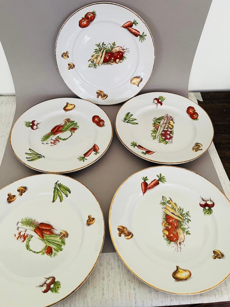 Vintage borden set – groentemotief – retro keuken, Huis en Inrichting, Ophalen, Gebruikt, Bord(en), Aardewerk