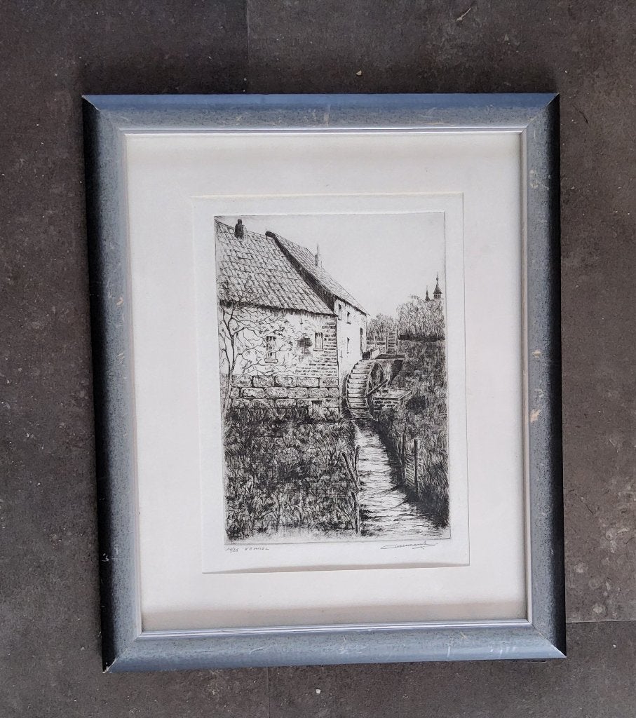 Ets Verdwenen watermolen Lemmens in Wemmel 14/25, Landschap, Tekening, Klassiek, Papier