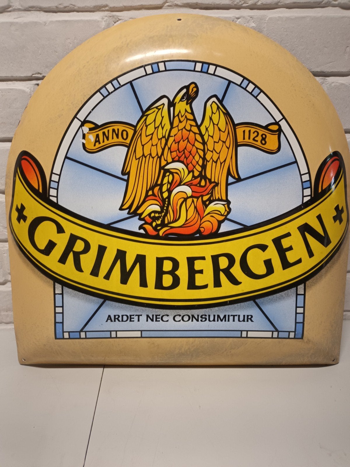 Gebold emaille reclamebord Grimbergen, Reclamebord, ///, Ophalen of Verzenden, ///
