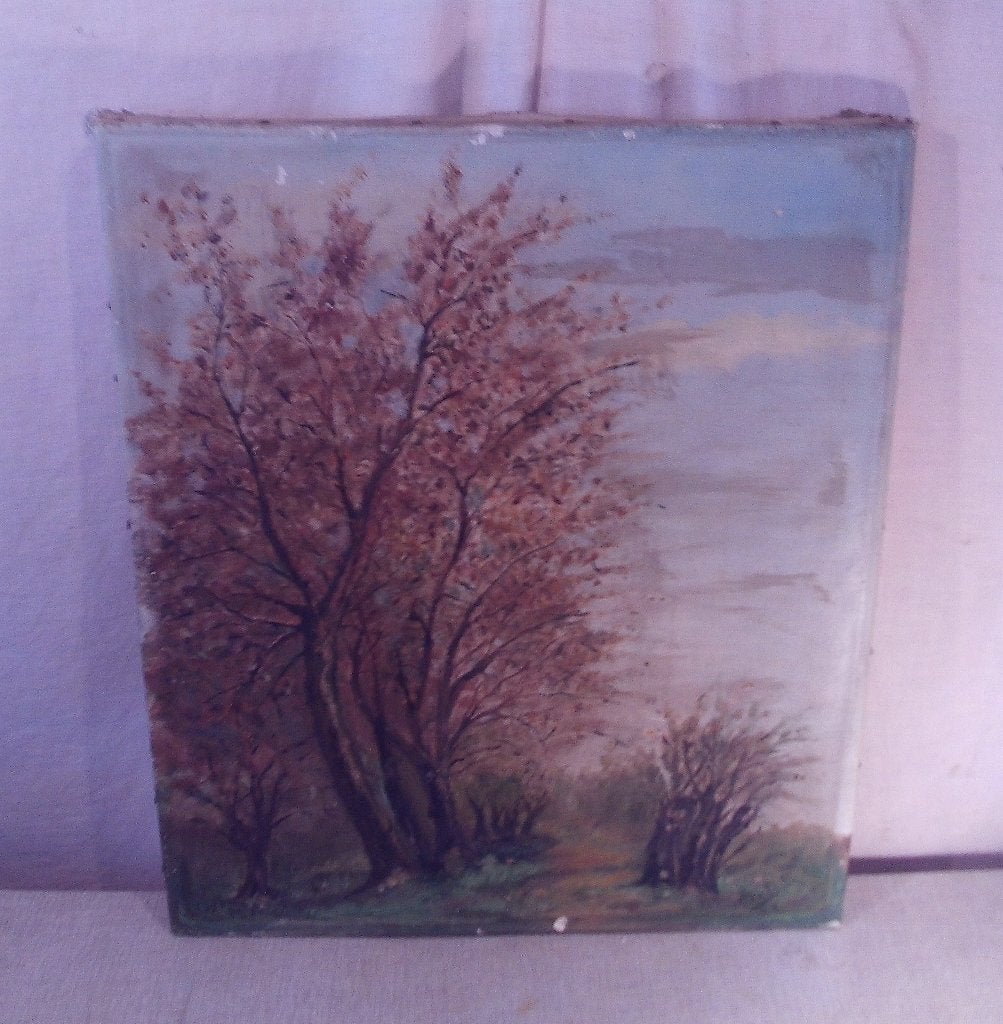 Oud Geschilderd Werk 'Bomen en Weide' - Ch D S, Antiek en Kunst, Doek, Ophalen of Verzenden, Landschap, Olieverf