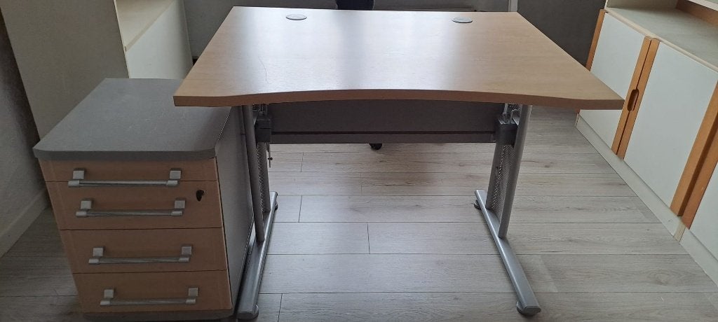 Verstelbaar bureau met 2 kasten en rolkastje, Ophalen, Gebruikt, Overige merken, Bureau-kast combinatie