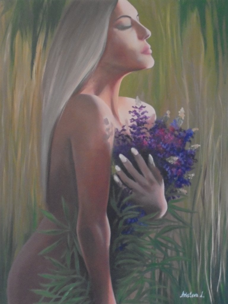 olieschilderij bloemenmeisje 2 (60x80cm), Bloemen, Doek, Ophalen of Verzenden, Olieverf