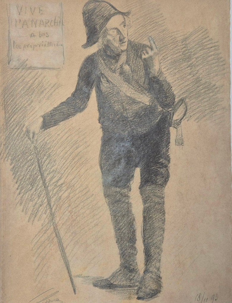 Dessin anarchiste daté 1893, Enlèvement ou Envoi, Dessin, Dessin au fusain, Signé