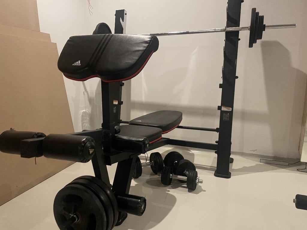 Banc de musculation - rack de rangement - bare & poids, Ophalen, Zo goed als nieuw, Benen