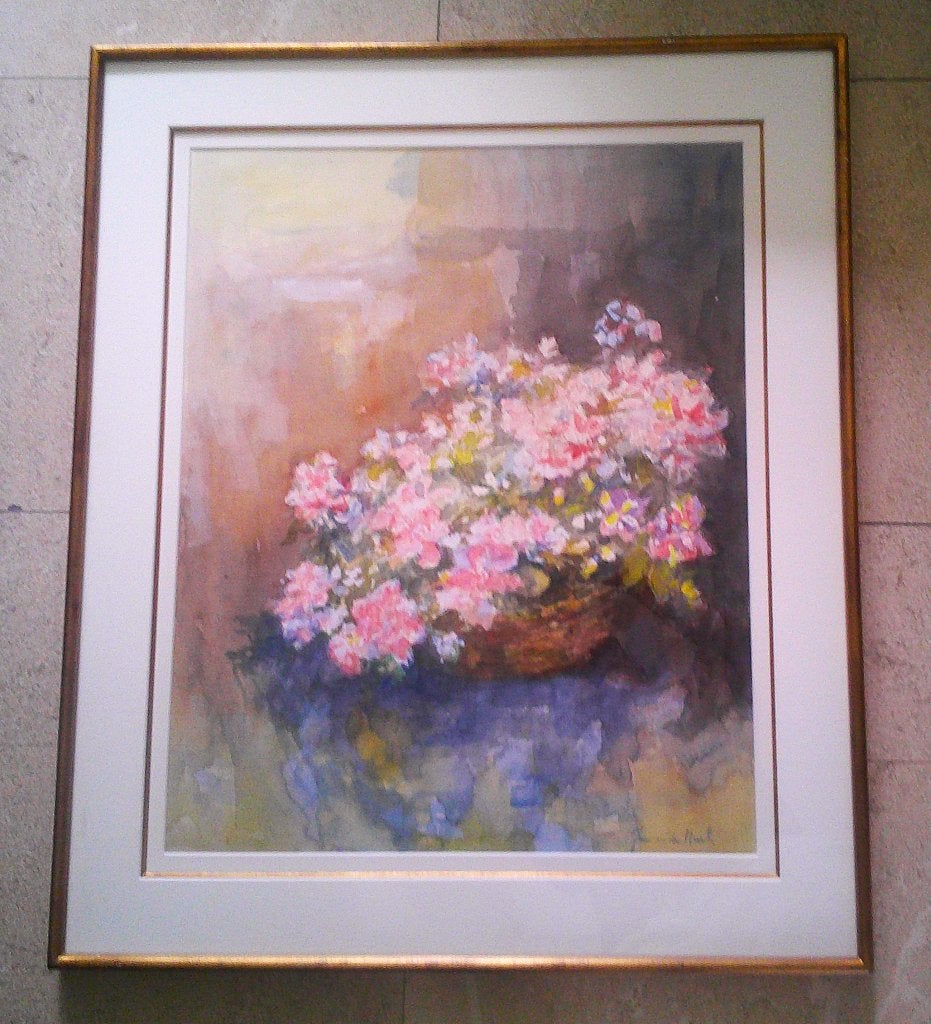 Plante fleurie dans un panier - Jan van den Hurk (1917-2000), Enlèvement ou Envoi, Aquarelle, Signé, Fleurs