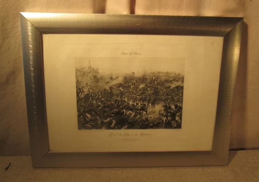Belle gravure ancienne 'Ligne a la Moskowa' - 35x27, Antiquités & Art, Enlèvement ou Envoi, Militaire, Gravure, Encadré