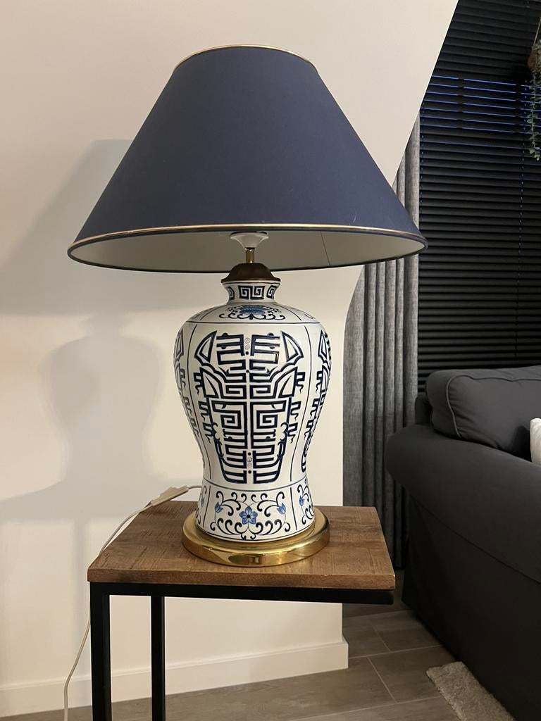 Blauw-witte keramische tafellamp met kap – Oosterse, Ophalen, Overige materialen, Gebruikt, 50 tot 75 cm