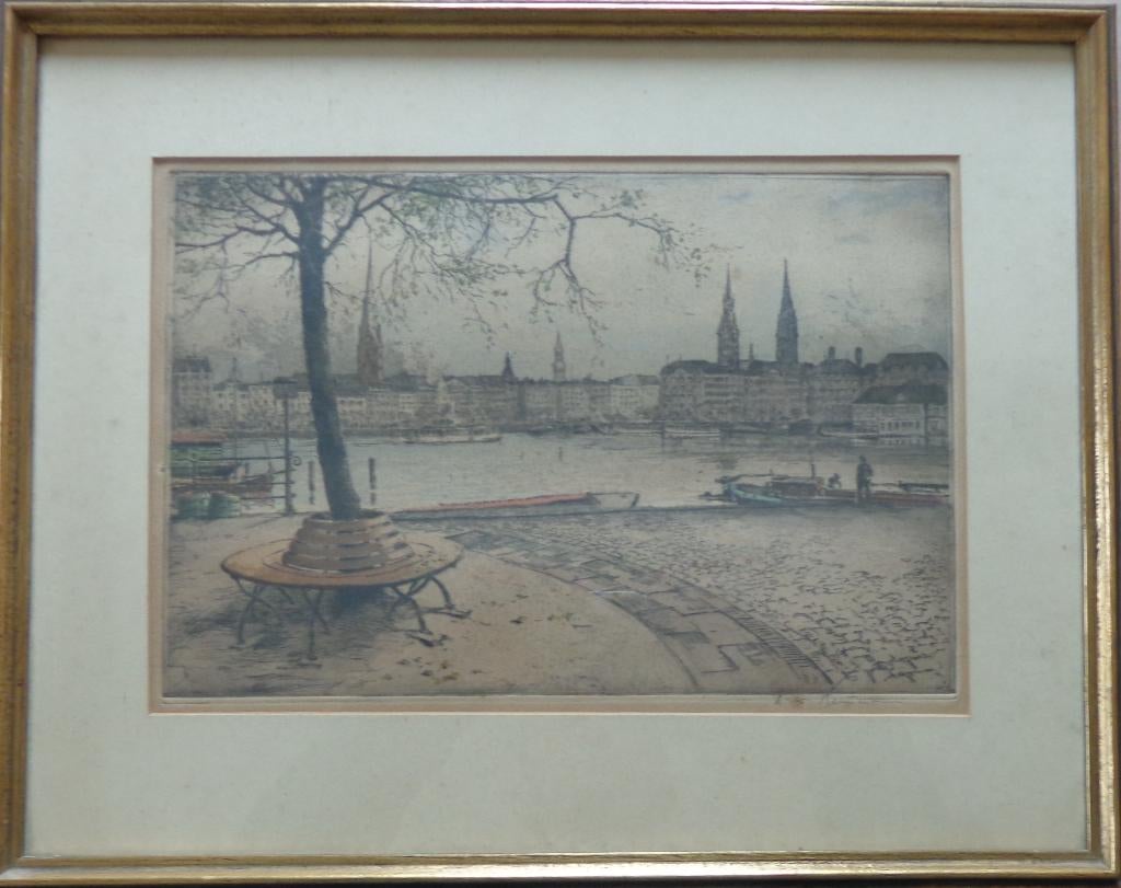 HANS KAUMANN / HAMBURG / KLEURETS / 37x47cm / KADER, Gesigneerd, Ophalen of Verzenden