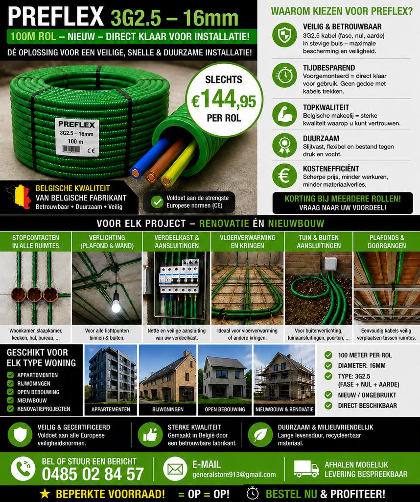 Preflex Safe 3G2.5 16mm – 100m rol – NIEUW – PROMO!, Doe-het-zelf en Bouw, Ophalen, Nieuw, Kabel of Snoer