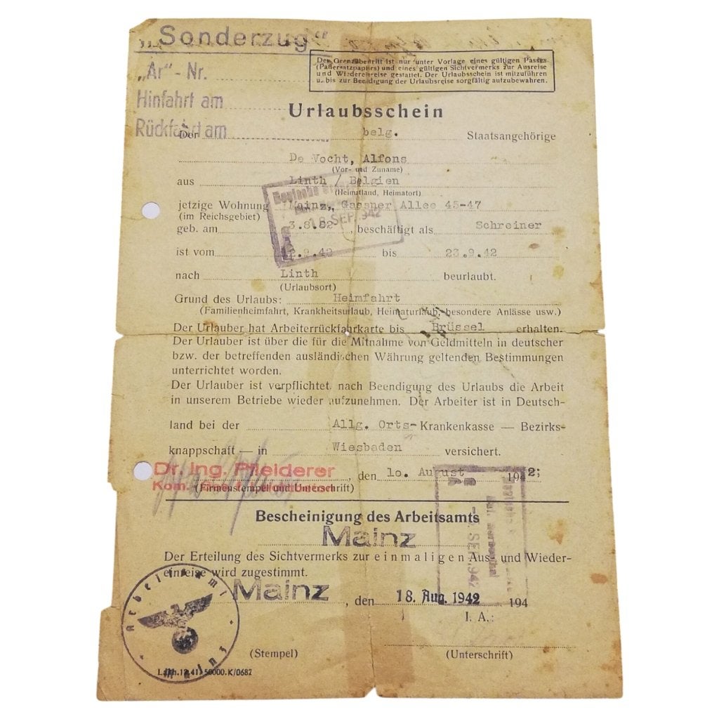 Attestation de congé — Travailleur belge à Mayence - 1942, Collections, Enlèvement ou Envoi, Autres, Autres types
