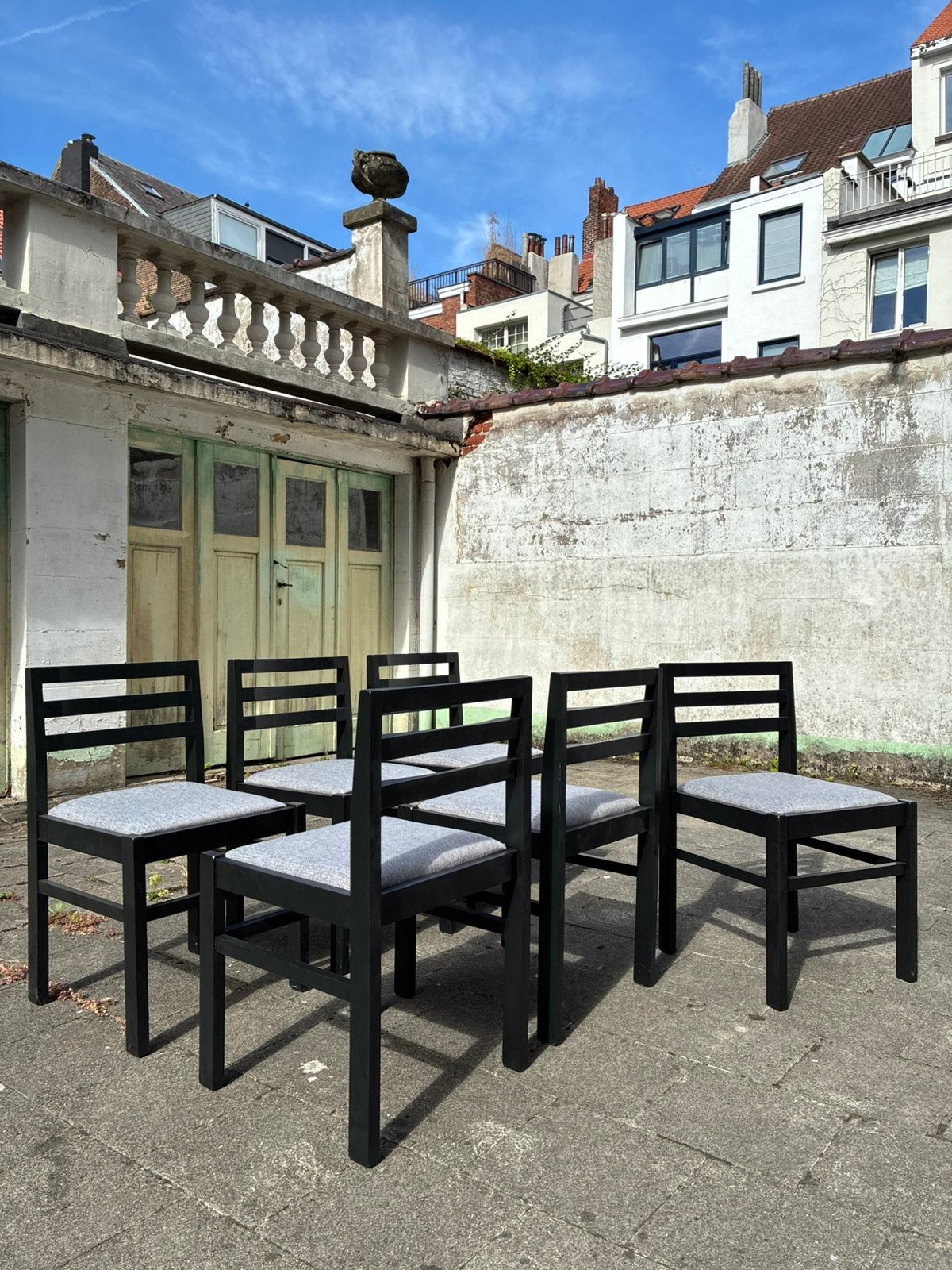 Set de 6 chaises bois et tissu gris, salle a manger, Maison & Meubles, Enlèvement, Comme neuf, Gris, Bois