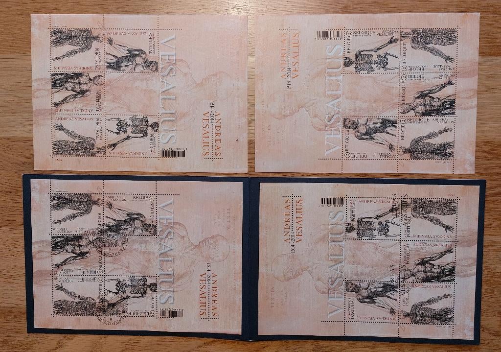 België: Vesalius herdenkingskaart 4380HK + beide blokken, Postzegels en Munten, Met stempel, Orginele gom, Ophalen of Verzenden