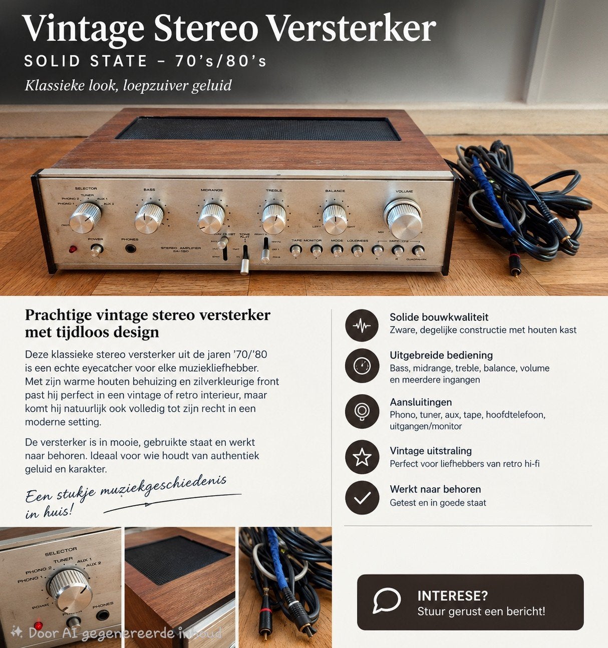 Vintage Stereo Versterker SA-1500 (Jaren 70) – Woodcase, Audio, Tv en Foto, Ophalen, Stereo