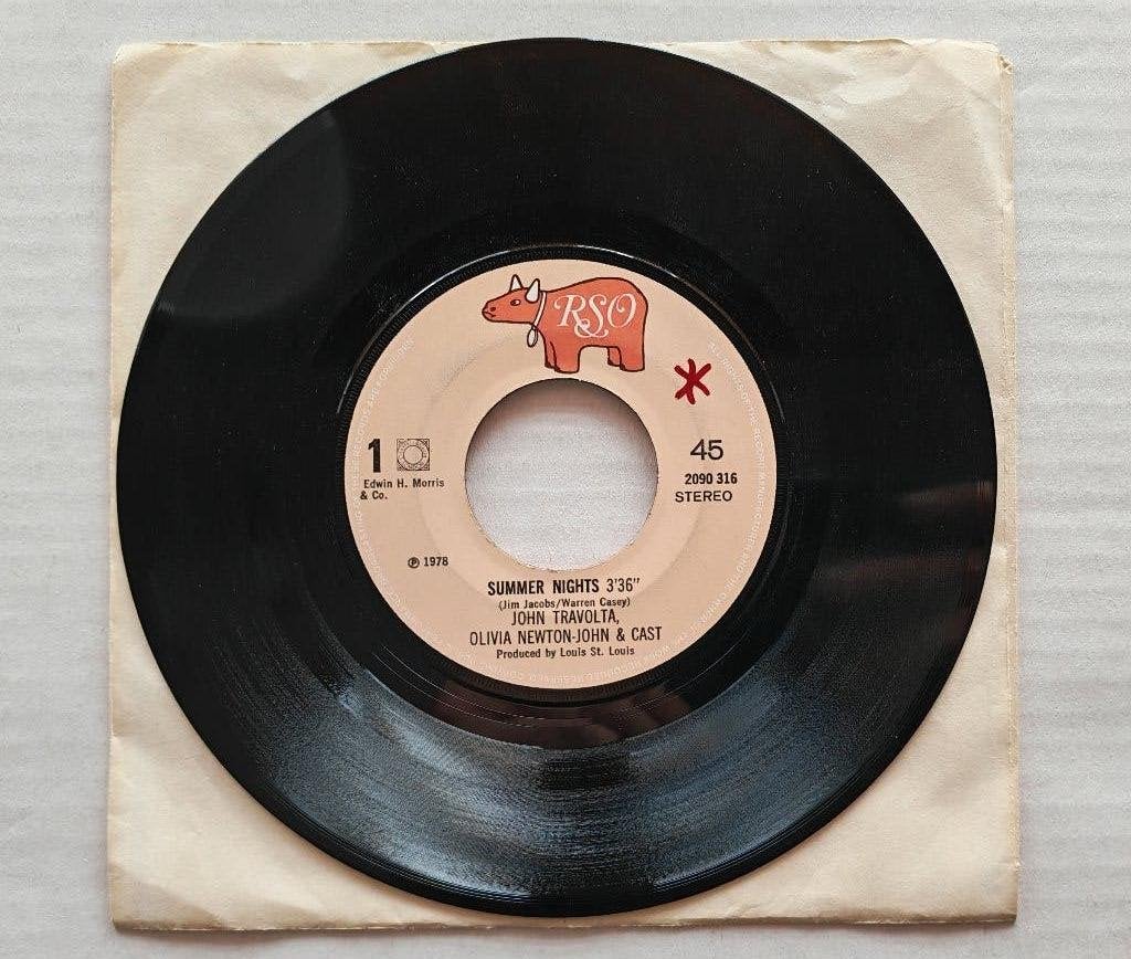 JOHN TRAVOLTA & OLIVIA NEWTON-JOHN - Summer nights (45t), Ophalen of Verzenden, Zo goed als nieuw, 7 inch, Pop
