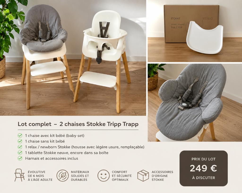 2 Chaises haute Stokke + accessoires – lot complet, Enlèvement, Comme neuf, Chaise évolutive, Ceinture(s)