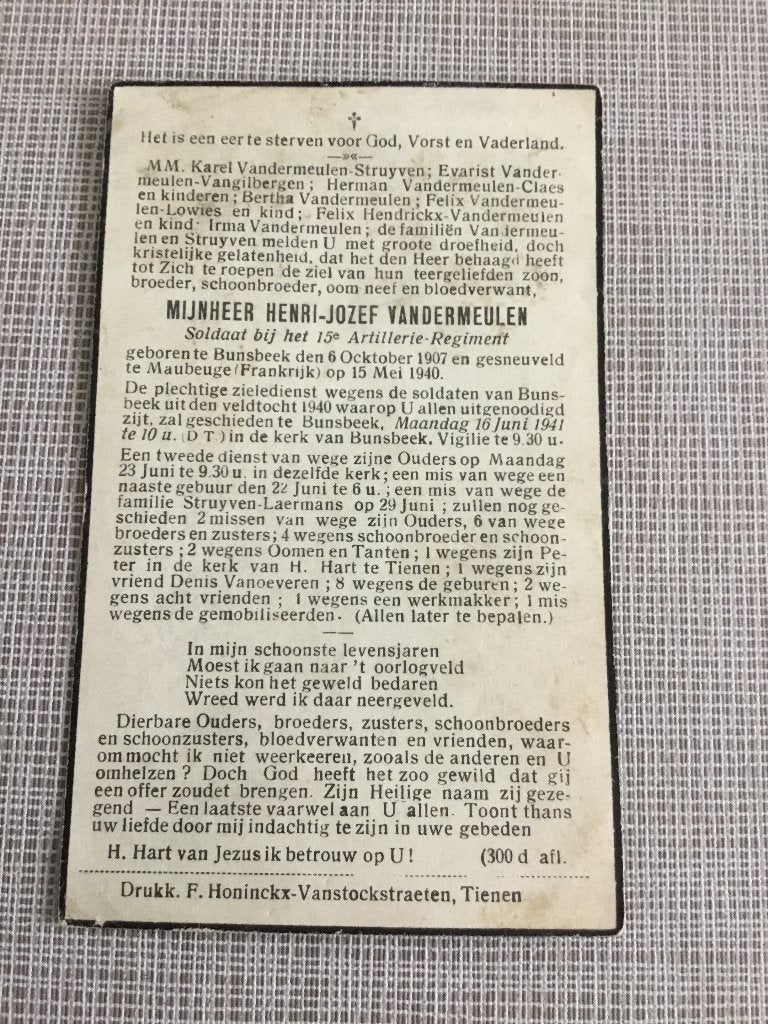 Soldaat Vandermeulen Bunsbeek gesneuveld Maubeuge Mei 1940, Collections, Enlèvement ou Envoi, Image pieuse