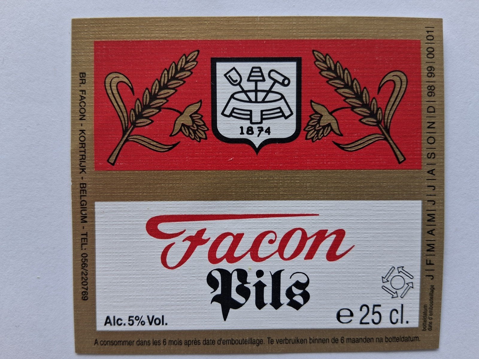 bieretiket Belgie Facon Kortrijk: pils (98-01), Verzamelen, Verzenden, Gebruikt, Overige typen, Overige merken